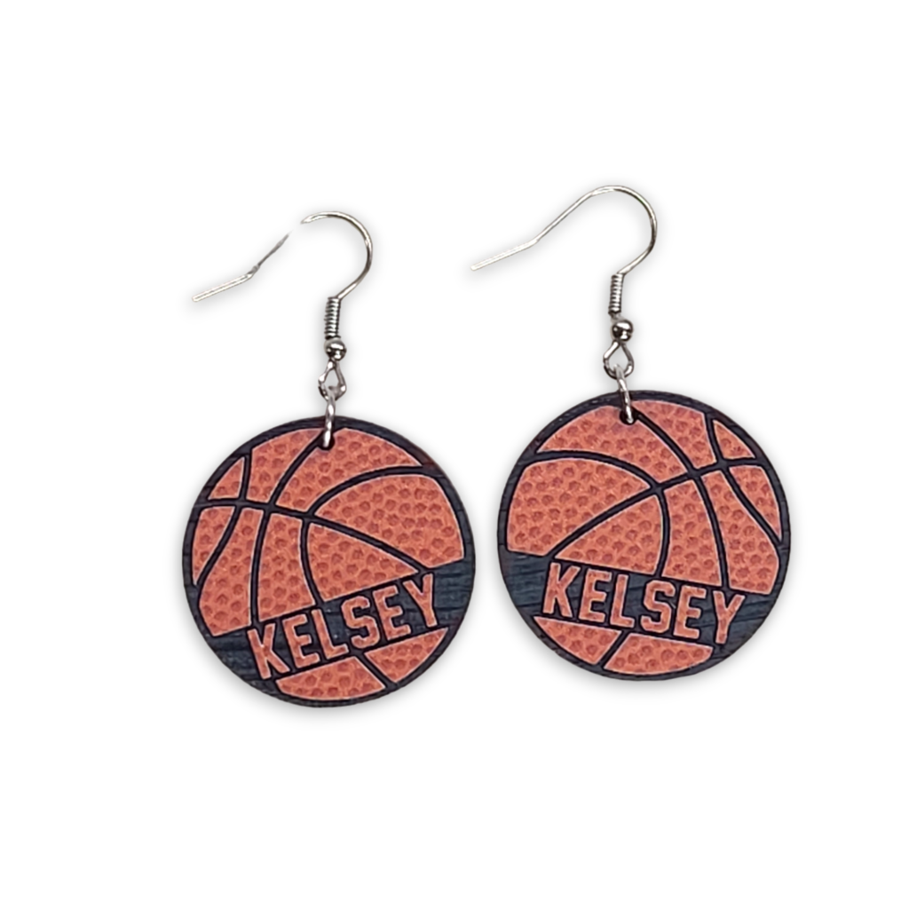 Personalized basketball earring design with Kelsey engraved on each charm