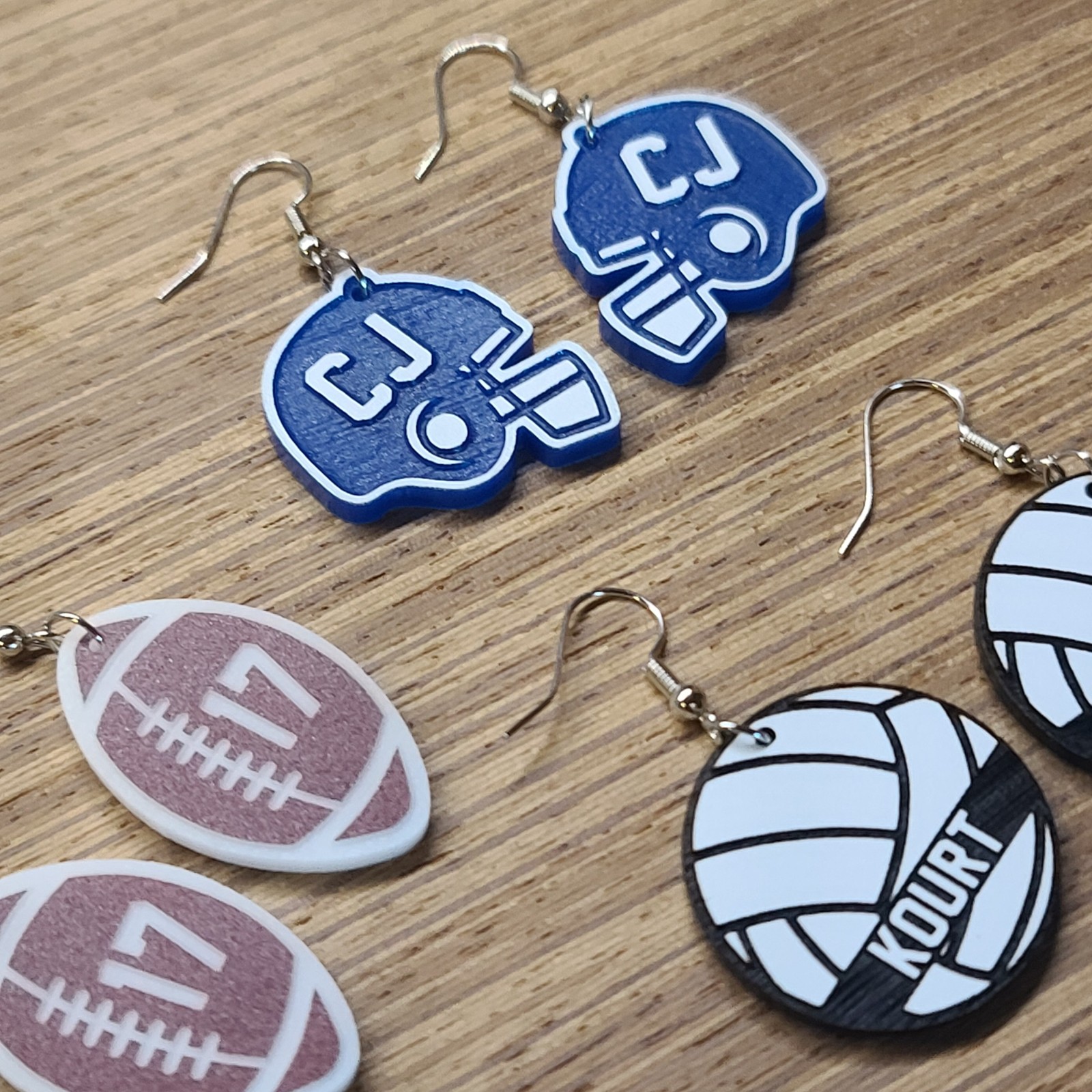 Personalized blue football helmet, football and volleyball earrings