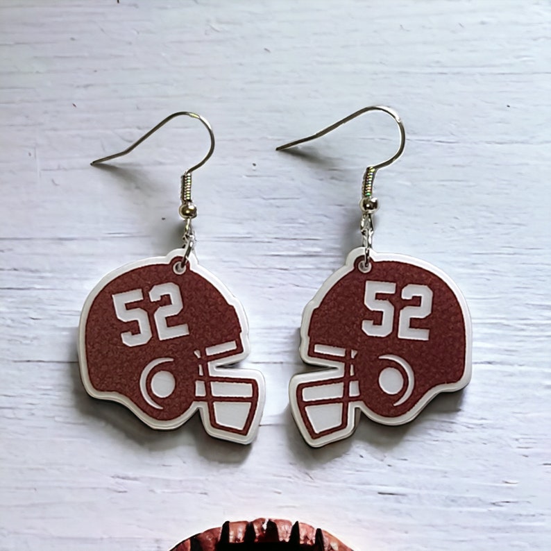 Football helmet earrings personalized with number 52