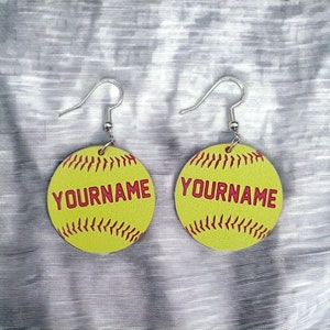 Personalized softball earrings by The Messy Woodworker